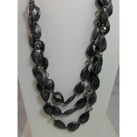 Vintage Three Strand Crystal Pendant Black Grey Necklace - Designer Signed - Picture 1 of 7